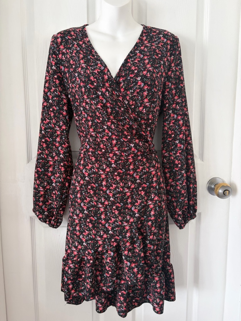 Women's Black Floral Wrap Dress with burgundy Print